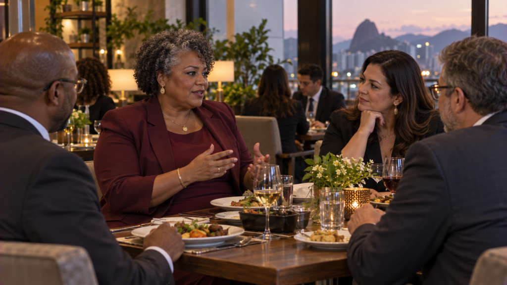Executiva brasileira de meia-idade durante jantar profissional em restaurante.