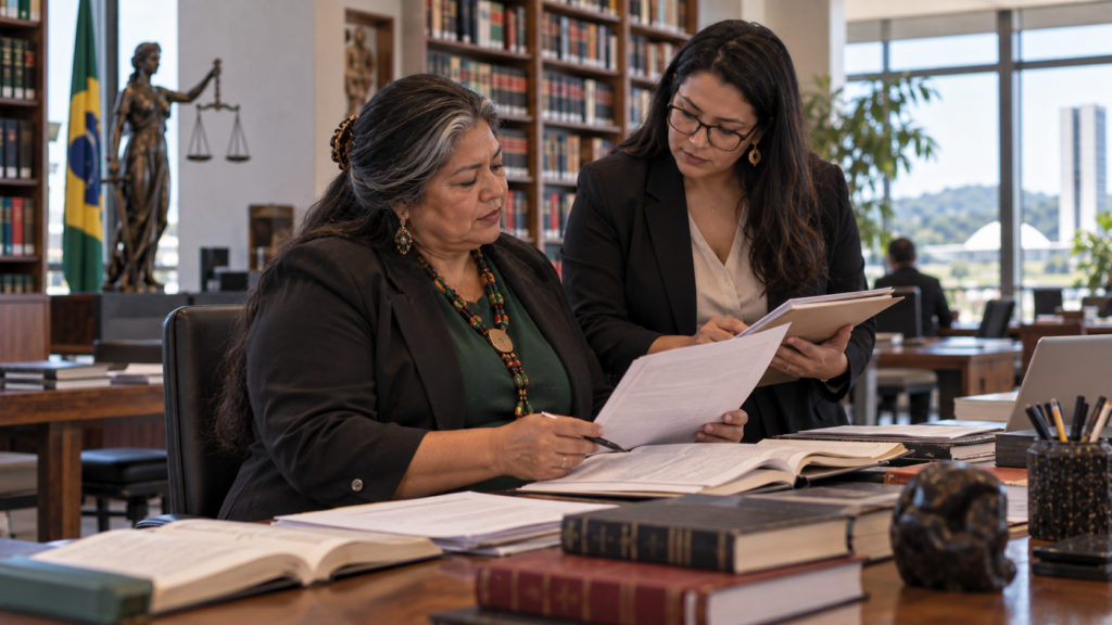 Magistrada indígena brasileira de meia-idade trabalhando com assessora em biblioteca.