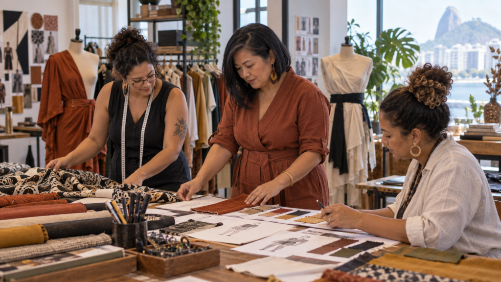 Estilista brasileira de meia-idade trabalhando com equipe em ateliê de moda.