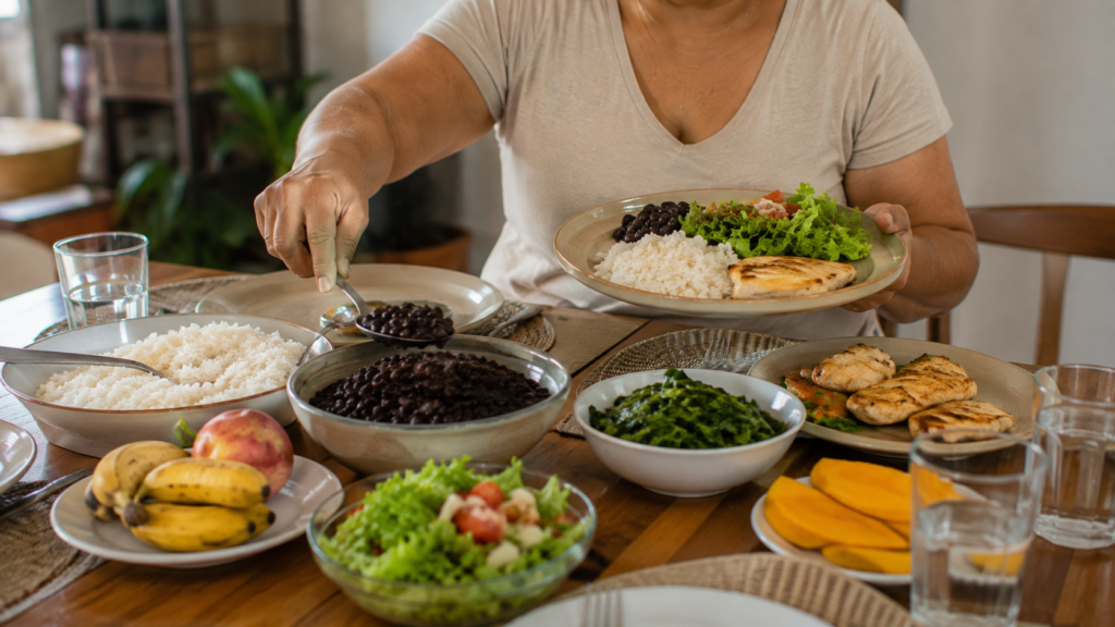 Refeição brasileira com arroz, feijão, verduras, legumes e fonte de proteína.