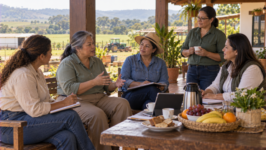 Produtora rural brasileira de meia-idade conversando com colegas durante reunião de cooperativa.