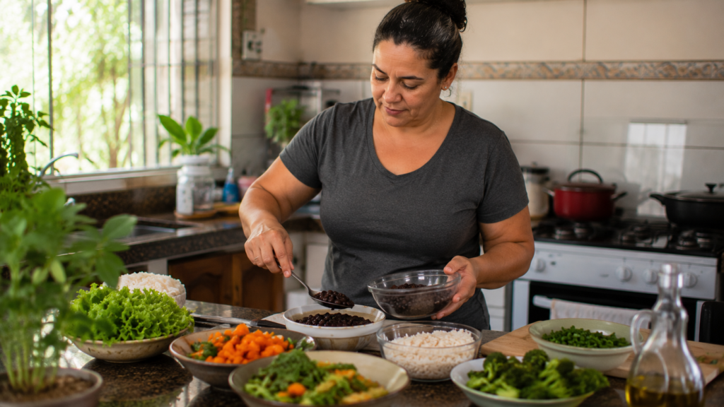 Mulher de meia-idade preparando refeição com arroz, feijão, legumes e verduras.