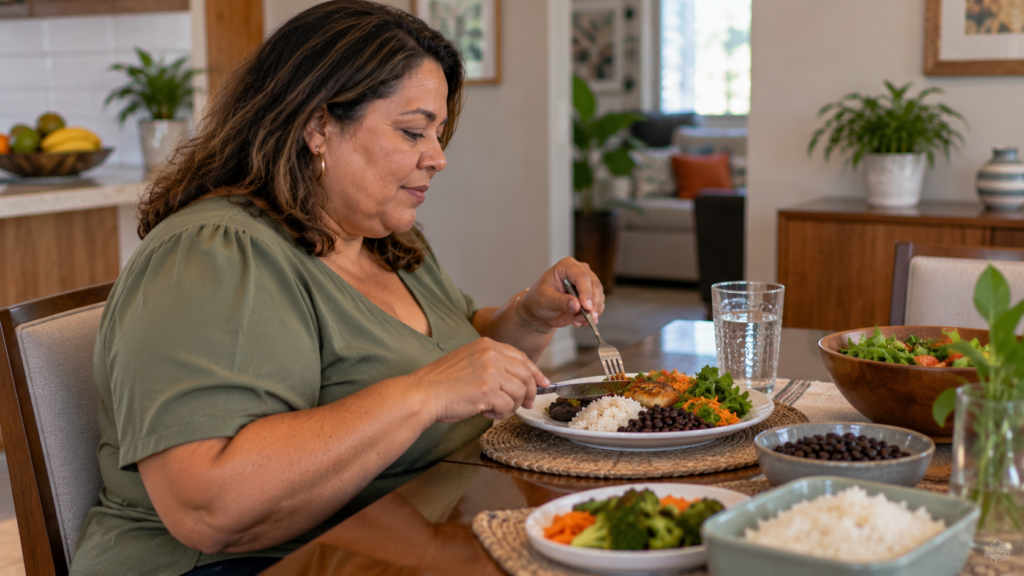 Mulher de meia-idade realizando almoço brasileiro com diferentes grupos alimentares.