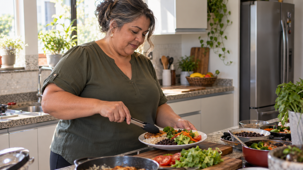 Mulher de meia-idade preparando refeição equilibrada em casa.