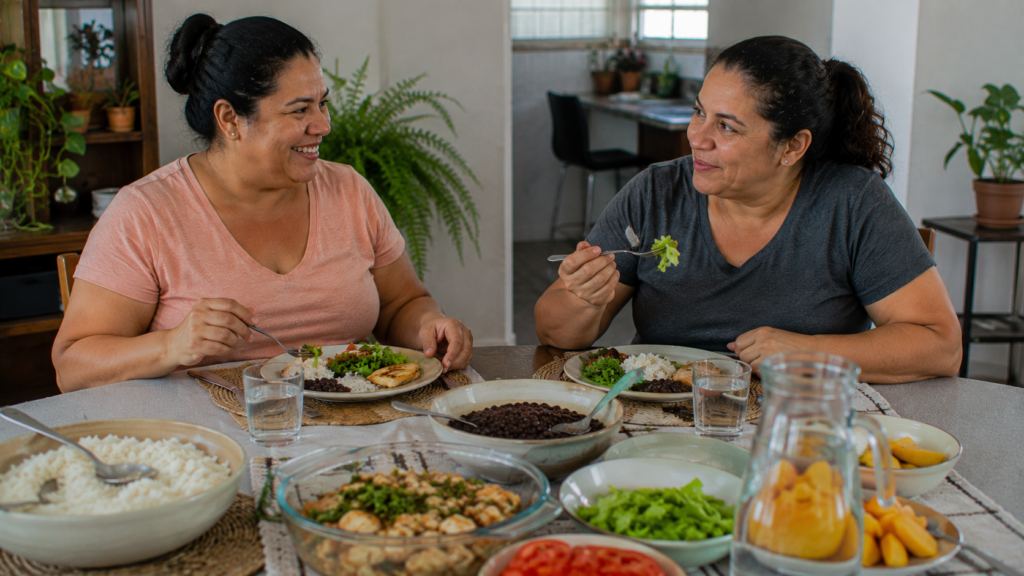 Duas mulheres de meia-idade compartilhando uma refeição variada em ambiente doméstico.