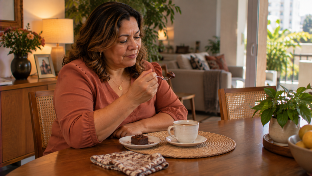 Mulher de meia-idade sentada à mesa com pequena sobremesa no fim do dia.