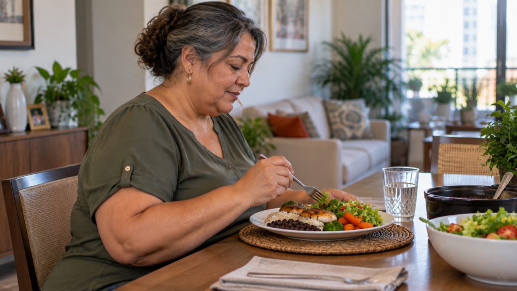 Mulher de meia-idade realizando almoço brasileiro com arroz, feijão, verduras e proteína.
