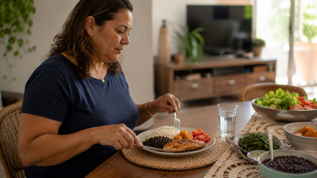 Refeição brasileira com arroz, feijão, legumes, verduras e uma fonte de proteína.