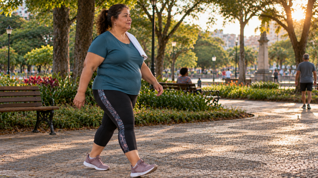 Mulher de meia-idade caminhando em praça urbana arborizada.
