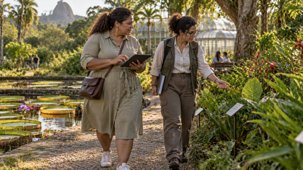 Pesquisadora brasileira caminhando em jardim botânico durante trabalho de campo.