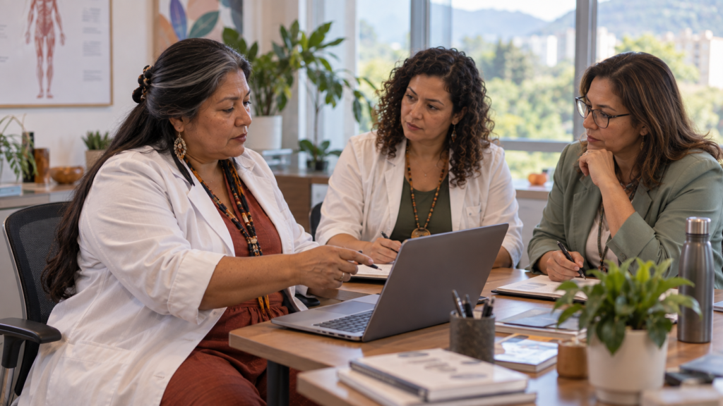 Médica indígena brasileira participando de reunião multidisciplinar de saúde.