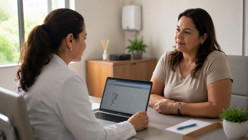 Mulher na menopausa participando de avaliação clínica sobre terapia hormonal.