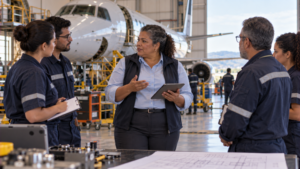Engenheira aeronáutica brasileira de meia-idade trabalhando com equipe em hangar.