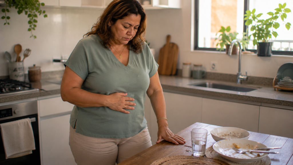Mulher de meia-idade com a mão sobre o abdômen após uma refeição.