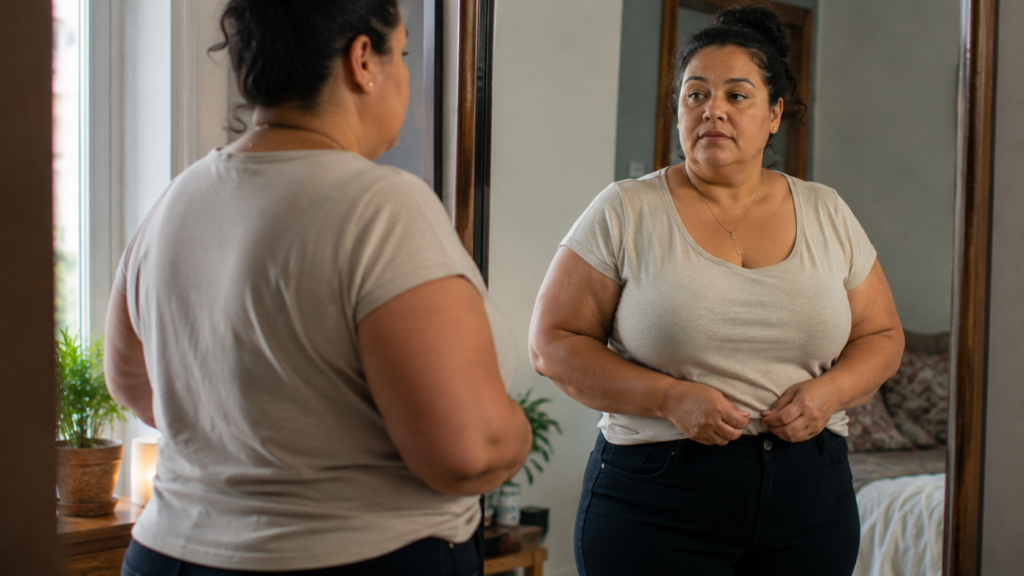 Mulher de meia-idade vestindo roupa cotidiana em casa