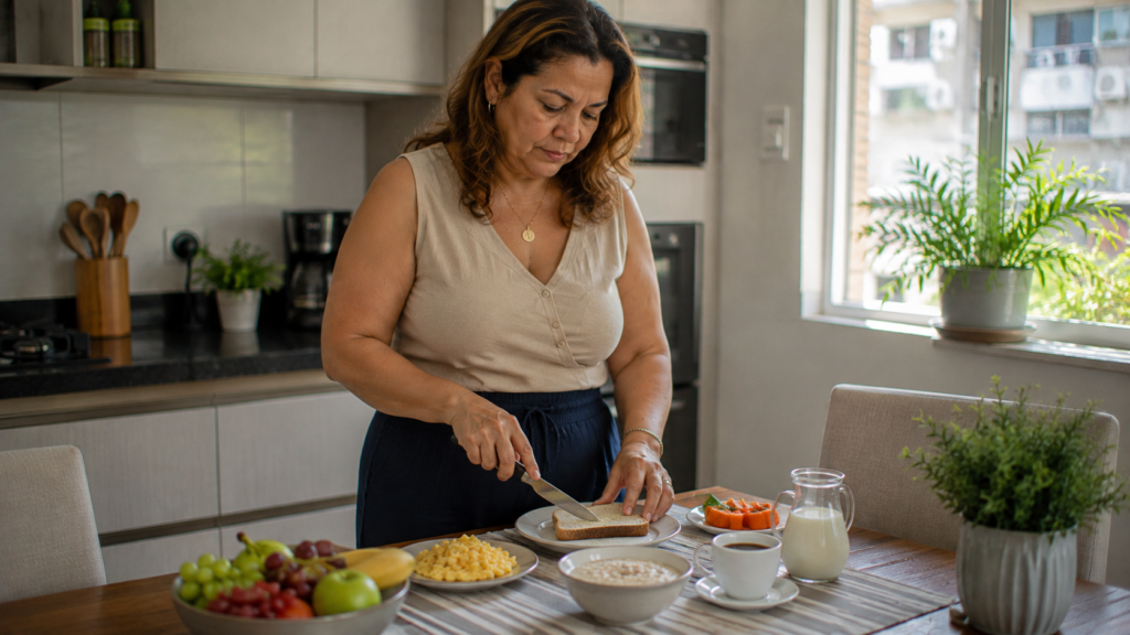 Mulher de meia-idade preparando café da manhã com fruta, ovo, pão e aveia.