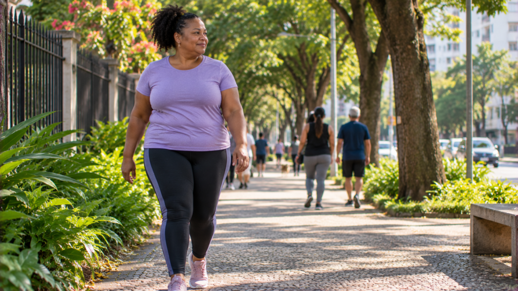 Mulher de meia-idade caminhando em avenida arborizada durante a manhã.