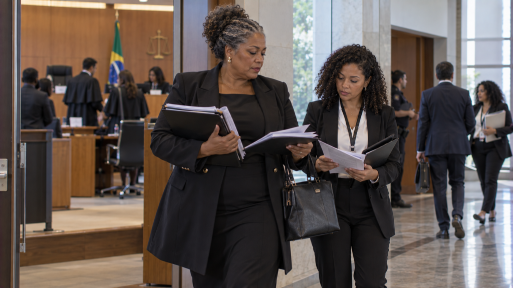 Juíza brasileira de meia-idade saindo de uma audiência após manhã de trabalho.