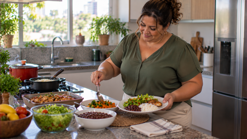 Mulher de meia-idade preparando refeição com arroz, feijão, vegetais e proteína.