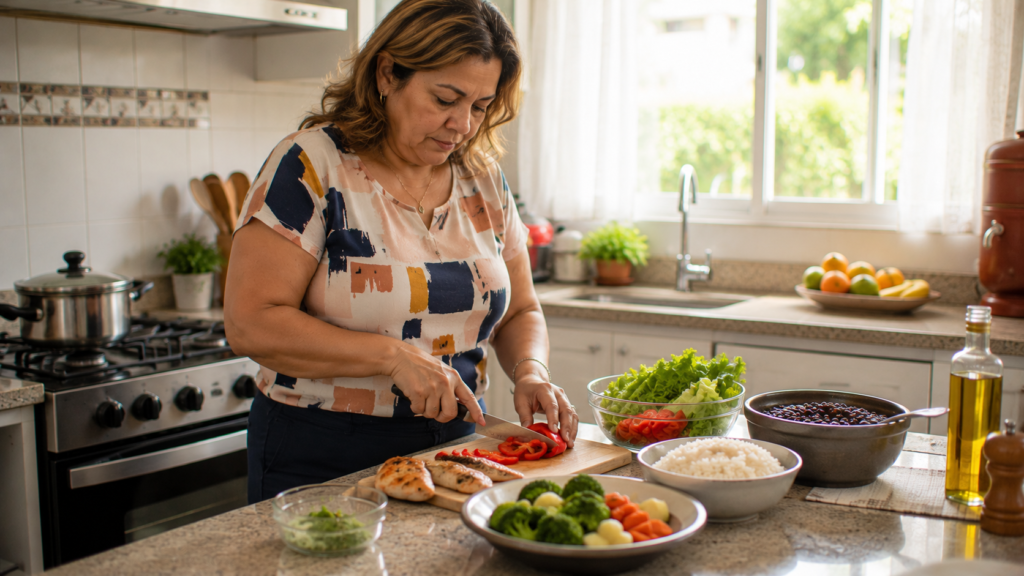 Mulher de meia-idade preparando uma refeição com arroz, feijão, legumes e proteína.