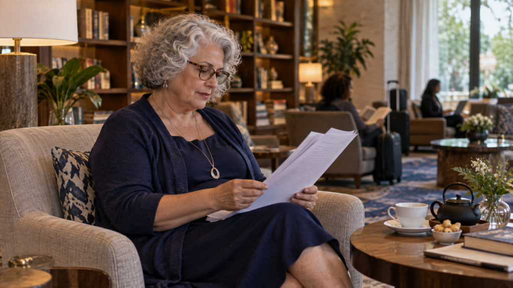 Escritora brasileira de meia-idade lendo em biblioteca com uma xícara de chá ao lado.