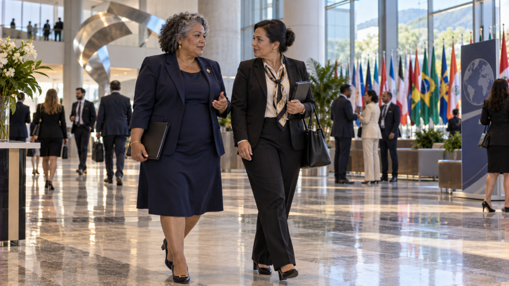 Diplomata brasileira de meia-idade caminhando em centro de convenções.