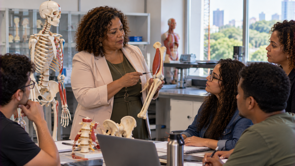 Professora universitária brasileira explicando anatomia musculoesquelética.