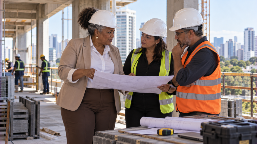 Engenheira brasileira de meia-idade liderando inspeção em obra contemporânea.