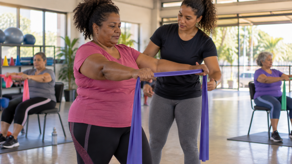 Mulher de meia-idade realizando exercício resistido sob orientação profissional.