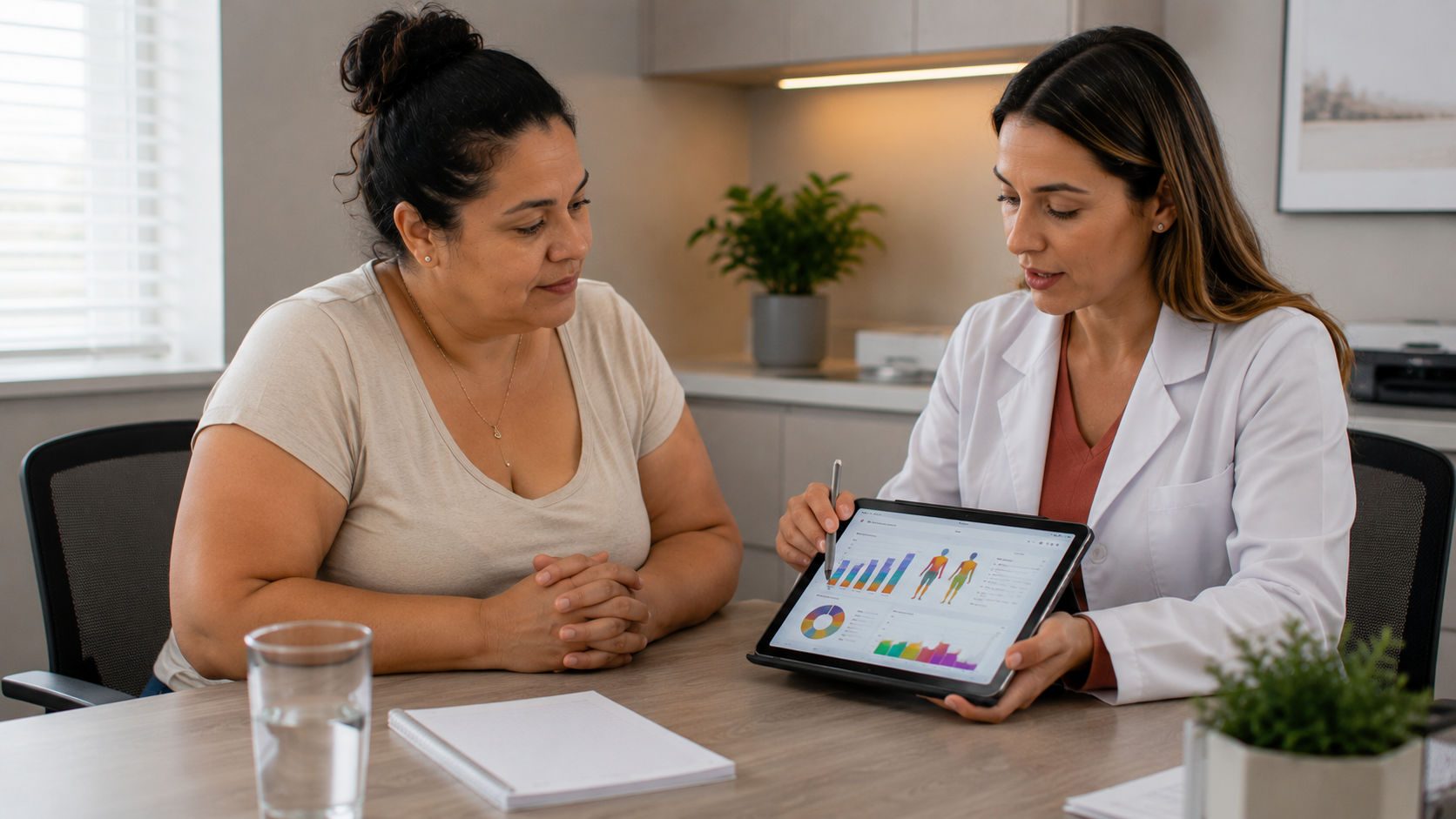 Mulher de meia-idade conversando com profissional de saúde durante consulta.