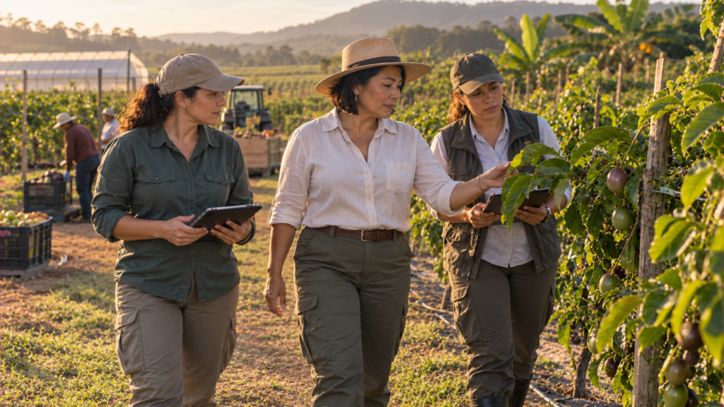 Engenheira agrônoma brasileira de meia-idade trabalhando em cultivo experimental.