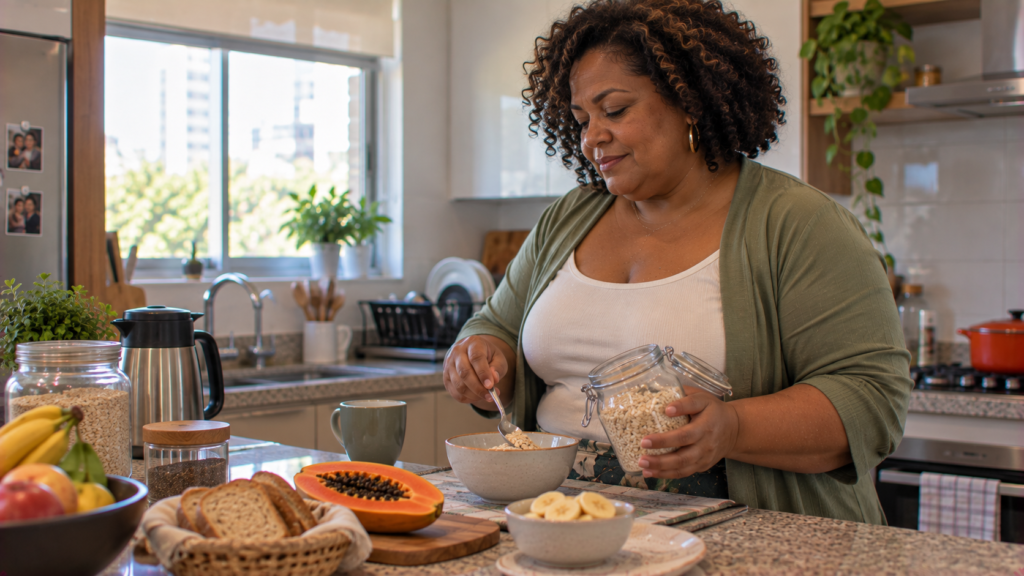 Mulher de meia-idade preparando café da manhã em casa.