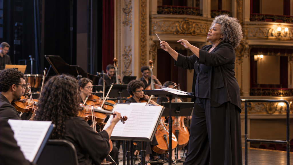 Maestrina brasileira negra de meia-idade conduzindo ensaio de orquestra em teatro.