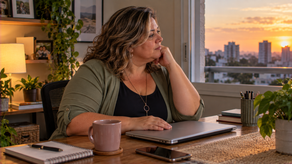 Mulher de meia-idade fazendo uma pausa após um dia de trabalho intenso.
