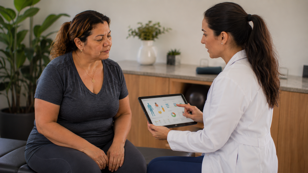 Mulher de meia-idade conversando com profissional sobre composição corporal.