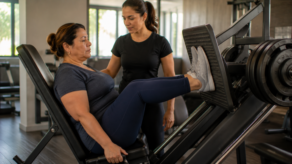 Mulher na pós-menopausa realizando exercício de força em aparelho de leg press.