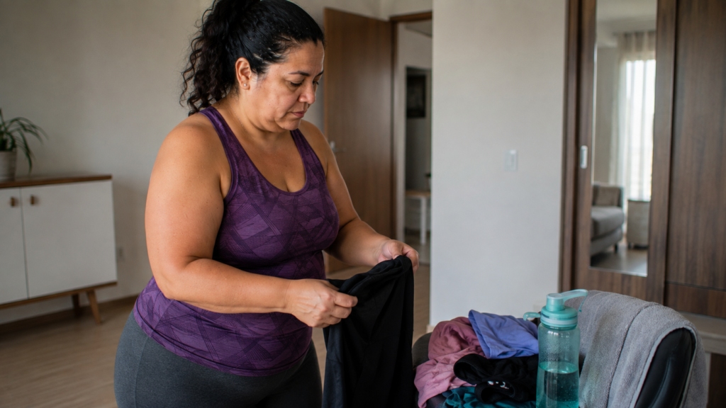 Mulher de meia-idade organizando roupas após exercício em ambiente doméstico.