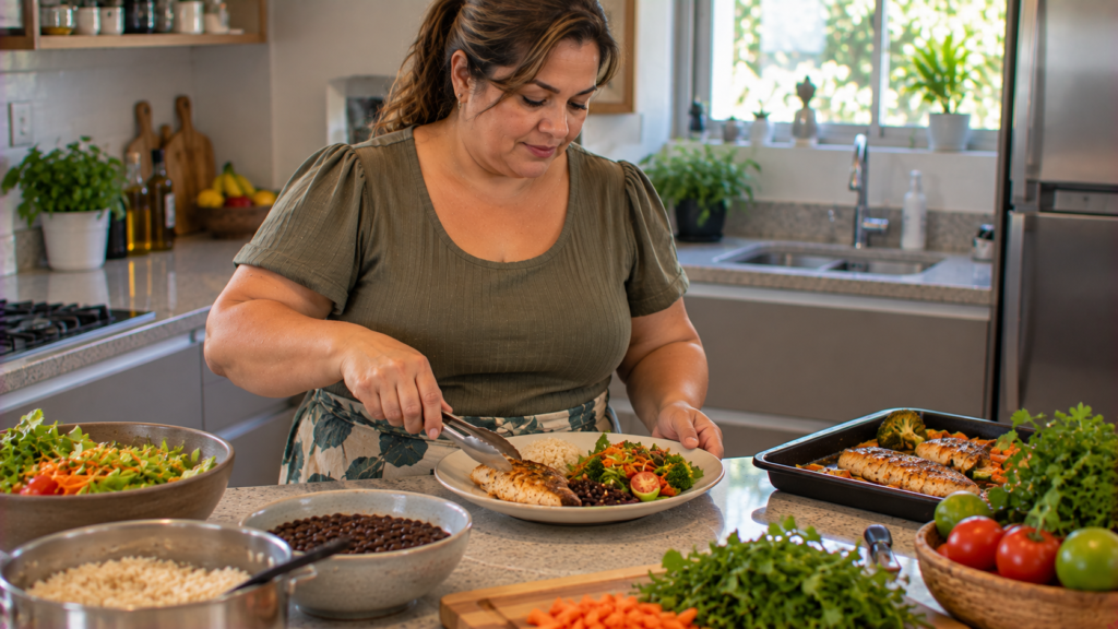 Mulher de meia-idade preparando uma refeição equilibrada em cozinha doméstica.