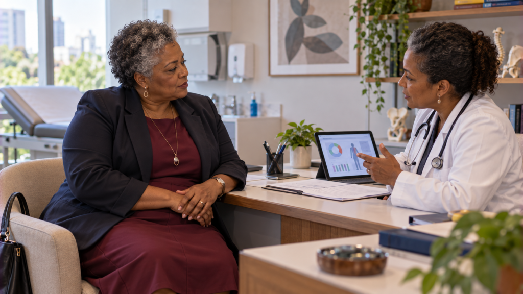 Mulher brasileira de meia-idade conversando com médica durante avaliação clínica.