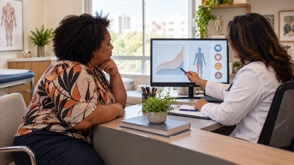 Mulher acompanhando profissional durante comparação de resultados científicos de tratamentos para obesidade.