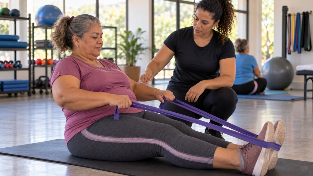 Mulher de meia-idade realizando exercício de força com faixa elástica.