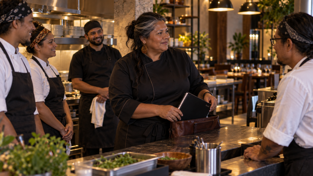 Chef brasileira de meia-idade encerrando o expediente em restaurante.