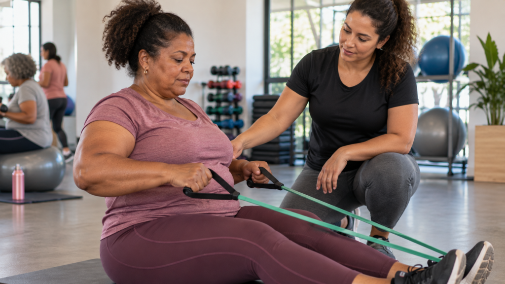 Mulher de meia-idade realizando exercício de força com faixa elástica.