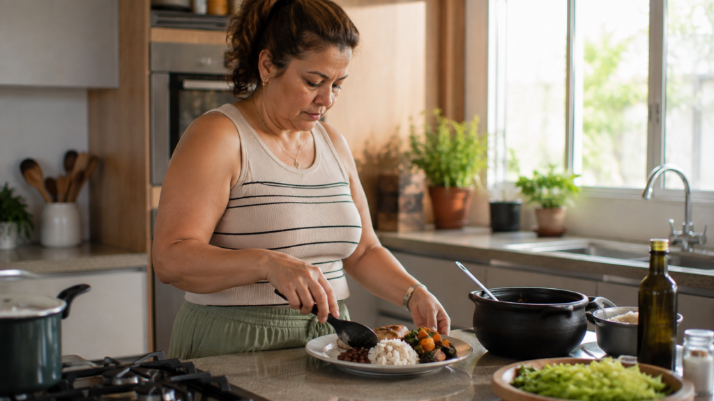 Mulher de meia-idade preparando uma refeição cotidiana em cozinha doméstica.