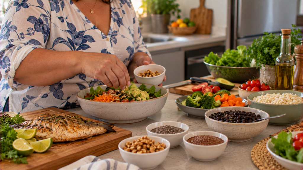 Alimentos que podem fornecer diferentes tipos de ômega-3 sobre bancada de cozinha.