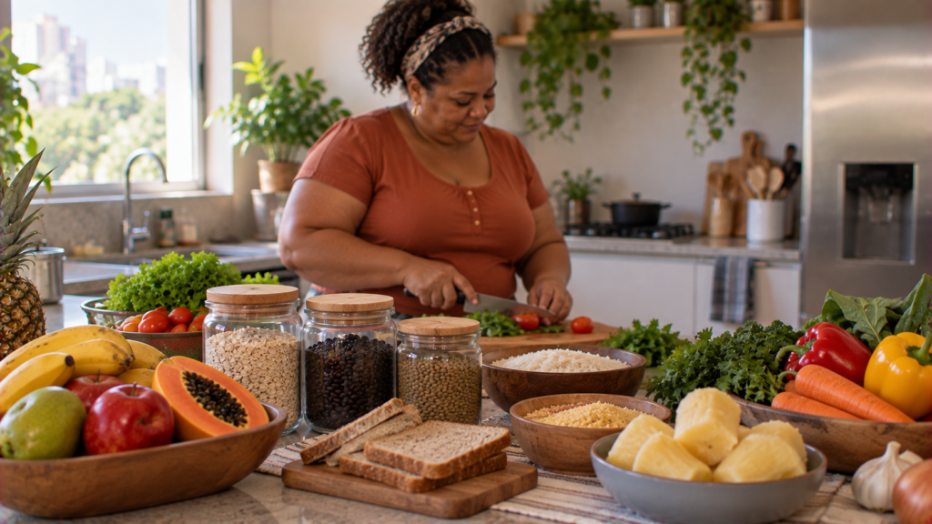 Mesa com diferentes fontes de carboidratos como frutas, feijão, aveia, arroz e mandioca.