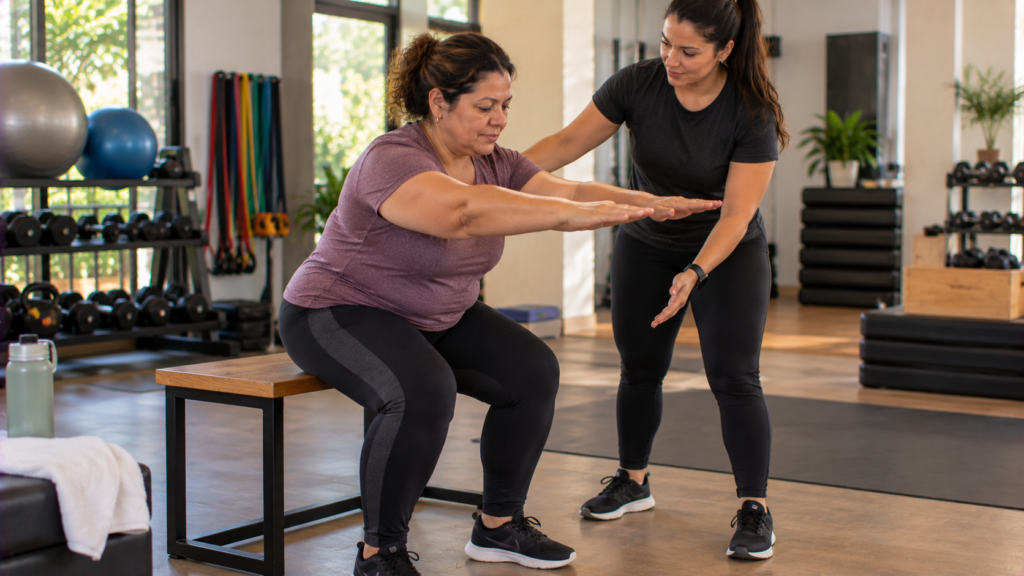Mulher de meia-idade realizando exercício funcional de sentar e levantar.