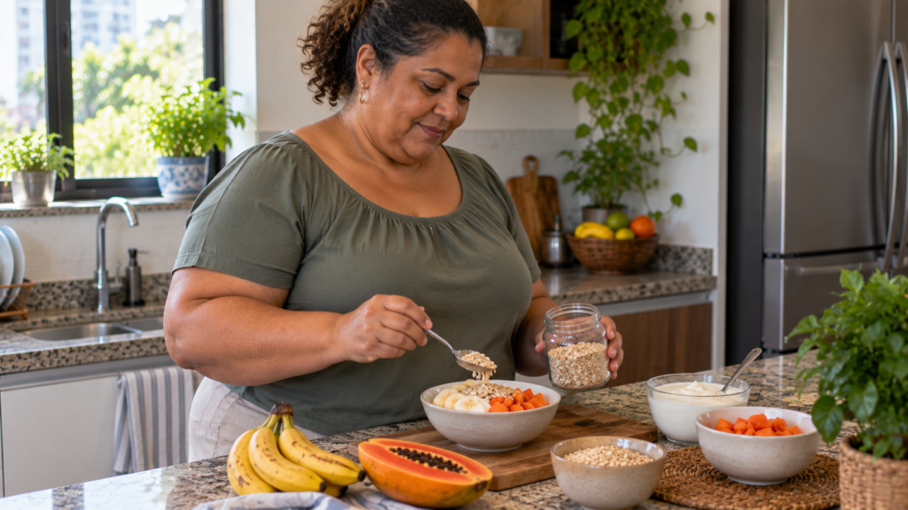 Mulher de meia-idade preparando lanche com frutas, aveia e iogurte.