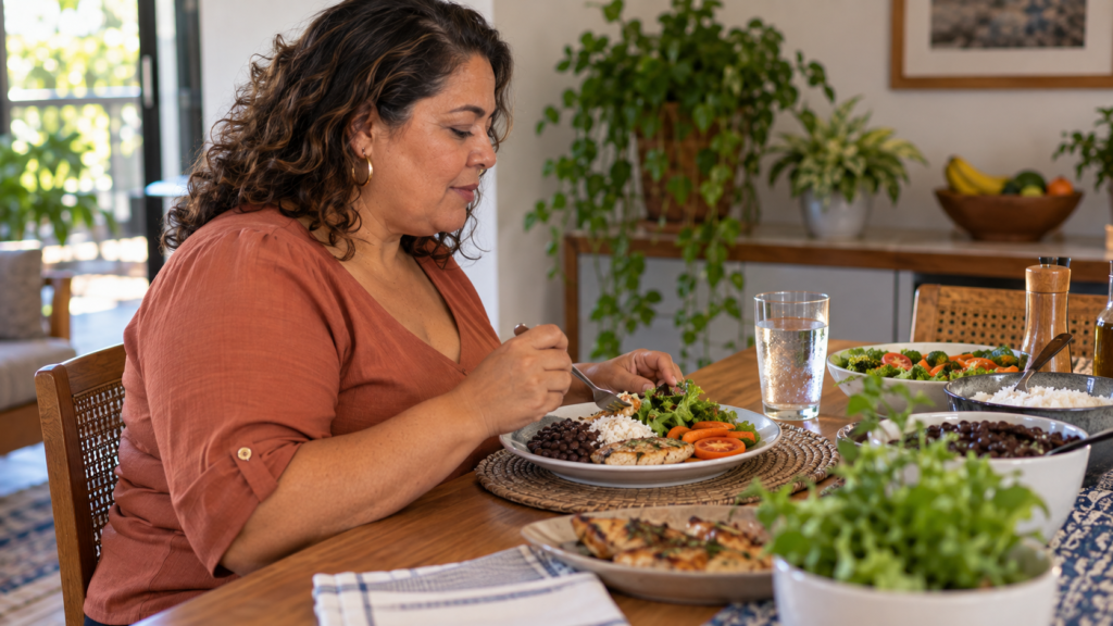 Mulher de meia-idade realizando uma refeição brasileira com arroz, feijão e legumes.