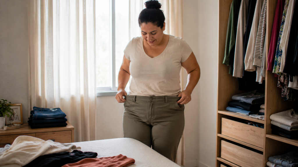 Mulher de meia-idade organizando roupas em casa.